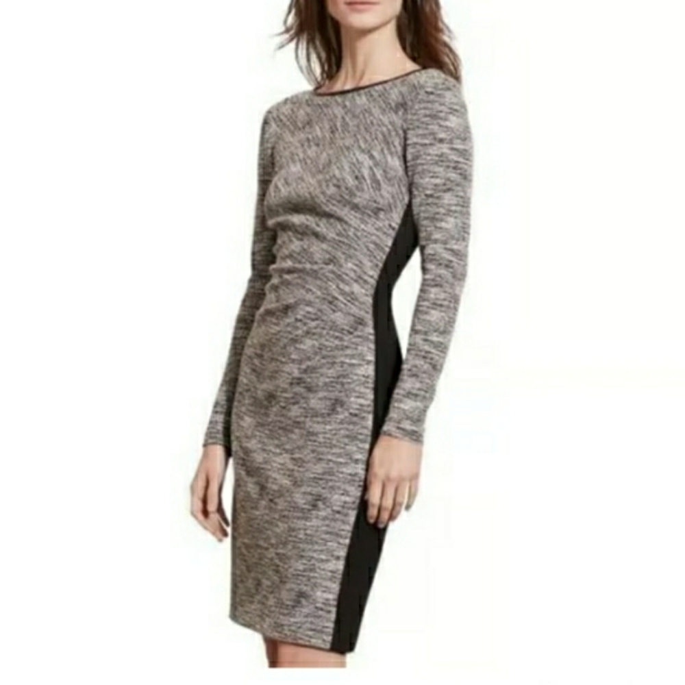 Lauren Ralph Lauren Gray Black Sheath Dress Ruched Stretch Panels Long Sleeve 12